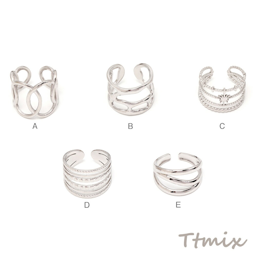 ステンレスデザインリング SUS304 高品質 フレーム 個性的 太め オープンリング 指輪 全5種（1ヶ）