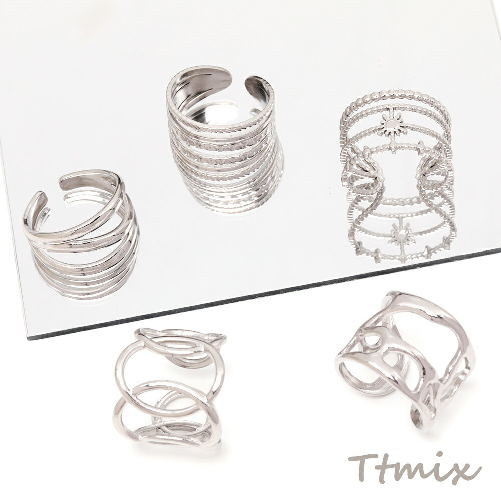 ステンレスデザインリング SUS304 高品質 フレーム 個性的 太め オープンリング 指輪 全5種（1ヶ）