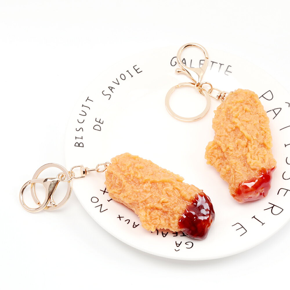 食品サンプルキーホルダー フライドチキン ソース付き リアル 二重カン カニカン付...