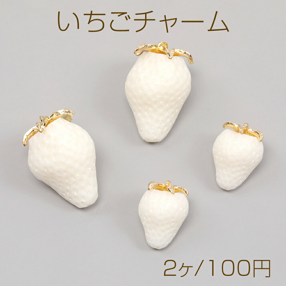 いちごチャーム 樹脂製 ホワイト苺チャーム 白イチゴチャーム ストロベリーチャーム 合金ヘタあり 1カン付き 全2種（2ヶ）