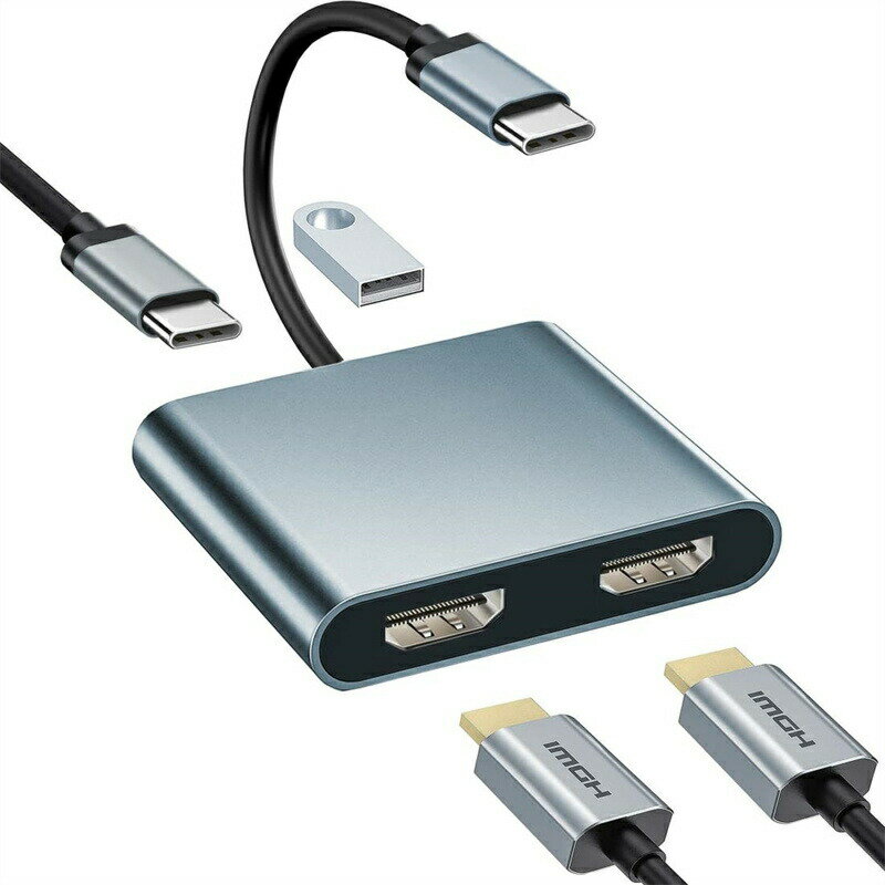 USB C HDMI 変換アダプター デュアル HDMI Type-C マルチディスプレイアダプタ 3画面 4-in-1 USB HDMI 2ポートHDMI拡張【4K対応2つのHDMI+USB-A3.0+USB-C PD充電】 USBディスプレイアダプタ HDMI ハブ ドッキングステーション hdmi