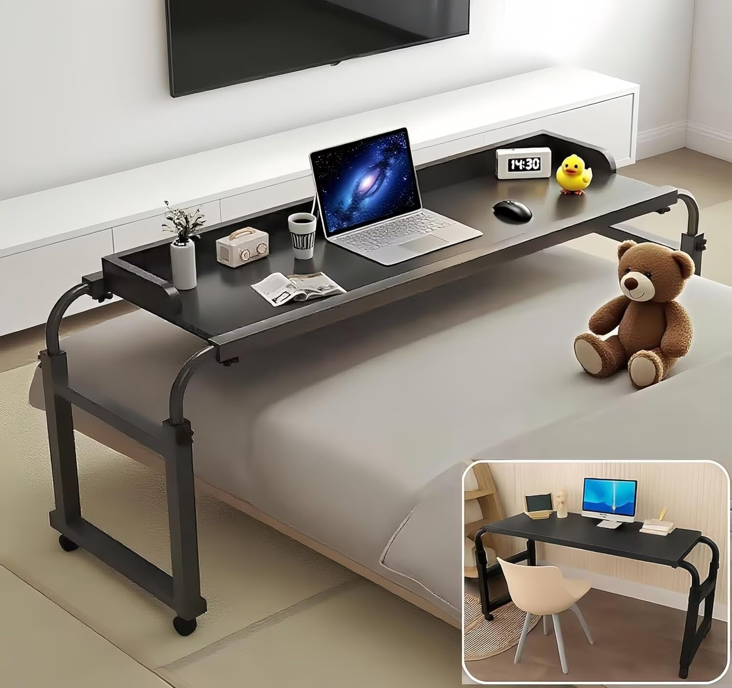 昇降式ベッドテーブル 幅120～210cm 高さ65～95cm 伸縮可能 キャスター付き ロック機能付き サイドガー..