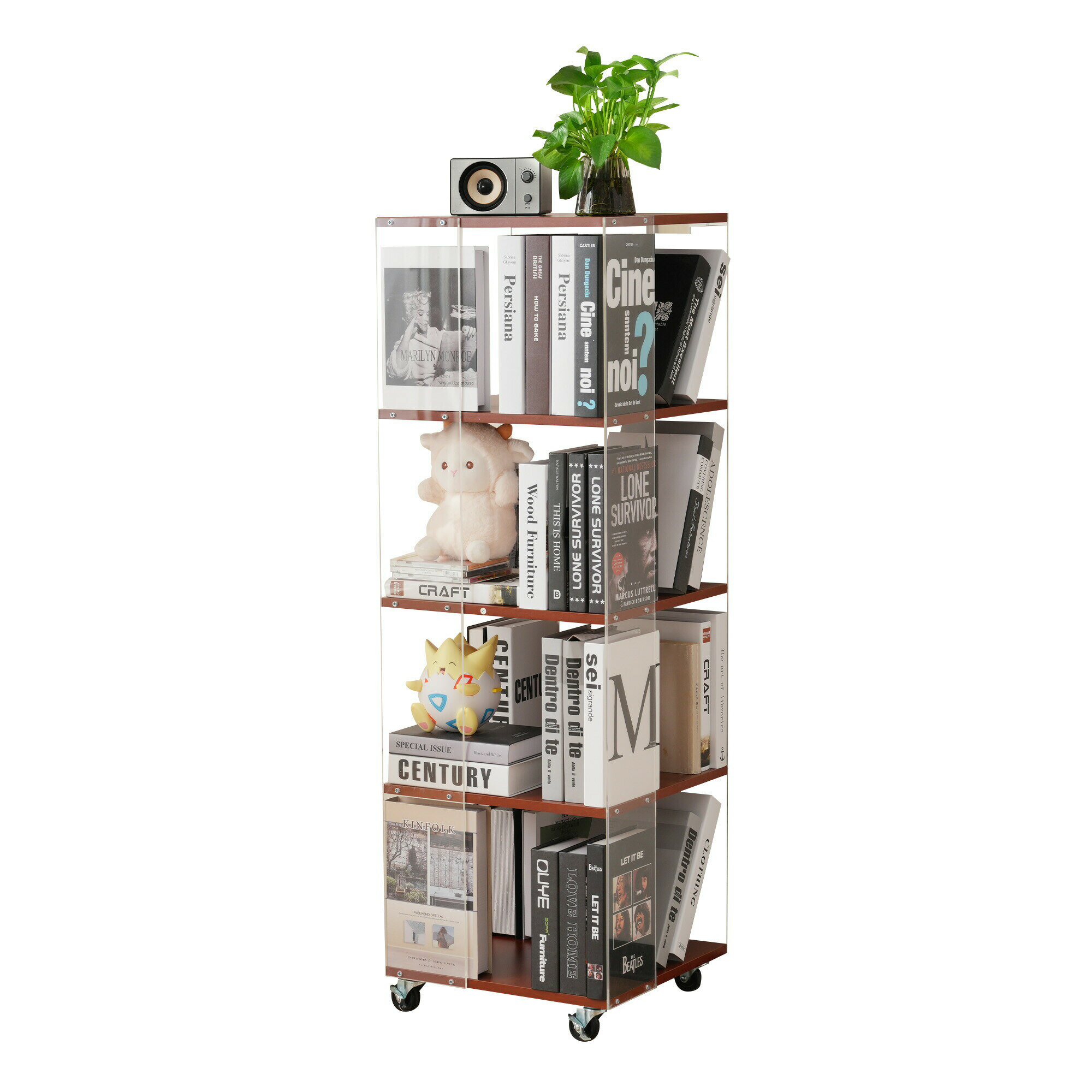 棚 本棚 4段 おしゃれ 絵本棚 大容量 スリム アクリル 木製 絵本ラック 360°回転ラック コミックラック..