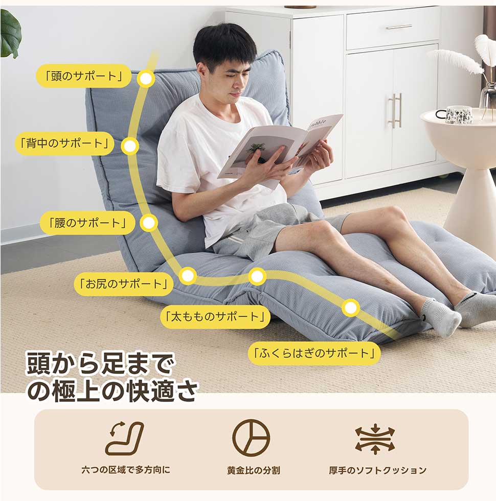 ソファーベッド 折りたたみ 1人掛け 幅90cm ローソファー 完成品 18段階リクライニング カウチソファ 座椅子 フロアソファ ベッド兼用 コンパクト収納 厚手クッション おしゃれ [3]