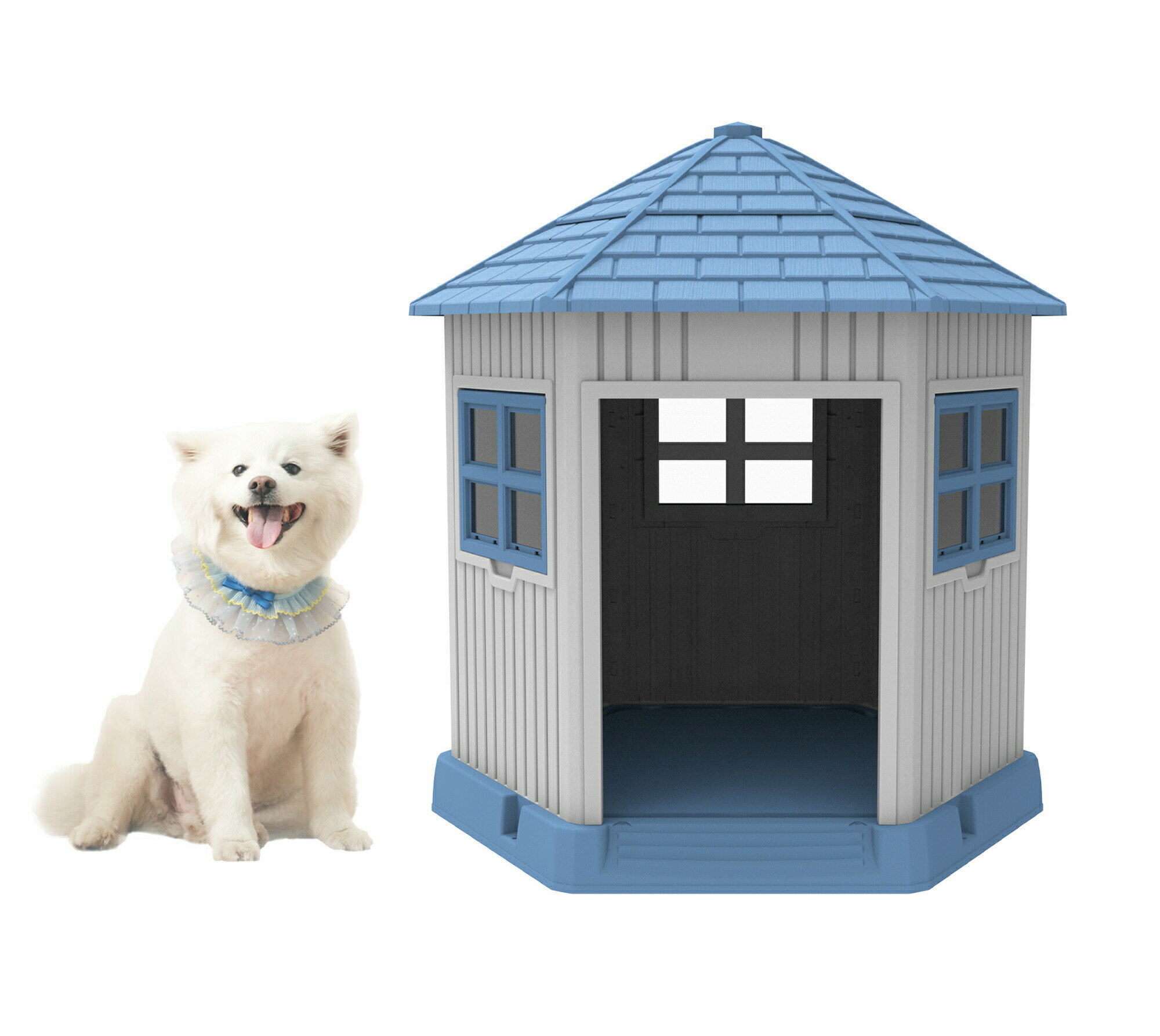 犬小屋 ペットハウス 室内外兼用 通気性◎ 防水 プラスチック製 六角形デザイン 大型犬・中型犬対応 組..