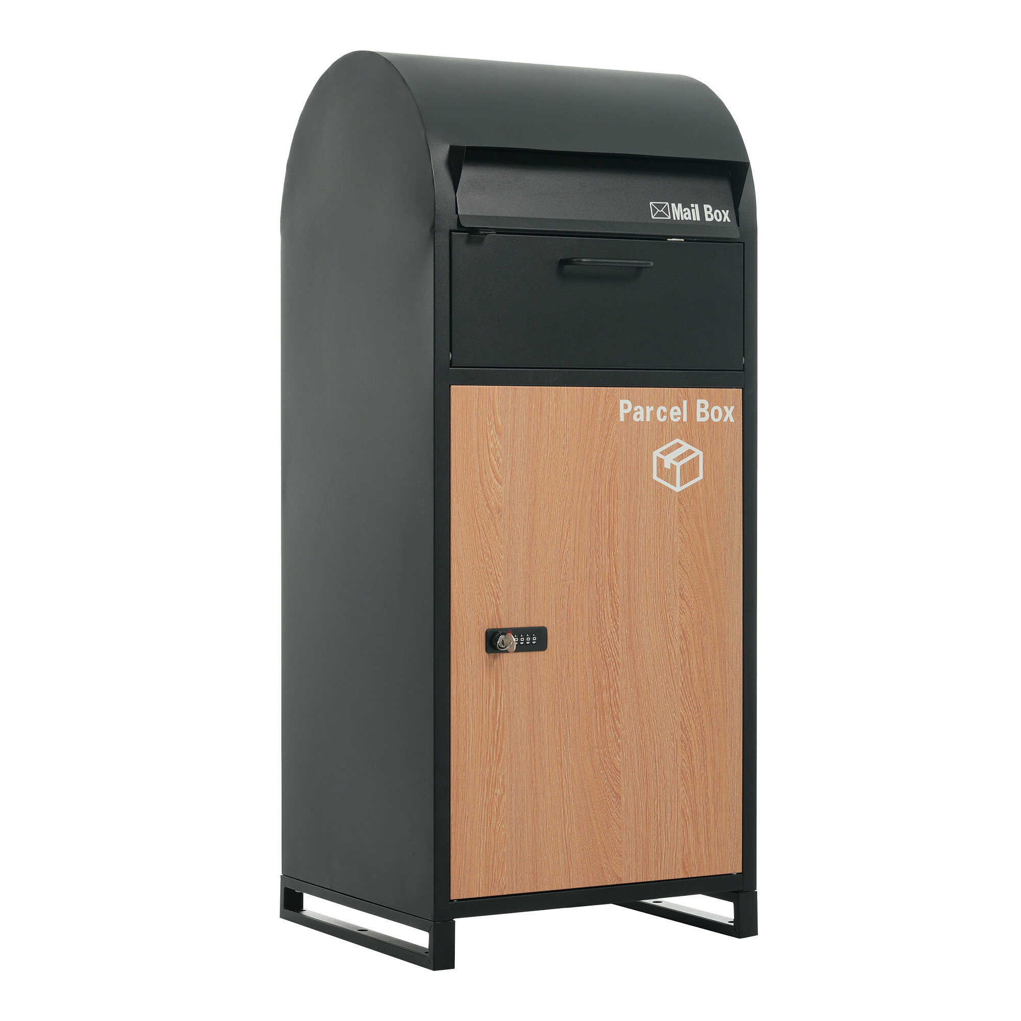 Dustbins - 置き型ポスト 宅配ボックス付き ブラック+木目 スタンドポスト 大容量 郵便受け 一戸建て用 傘立て付き セキュリティ 鍵付き メール便対応 おしゃれ 玄関用