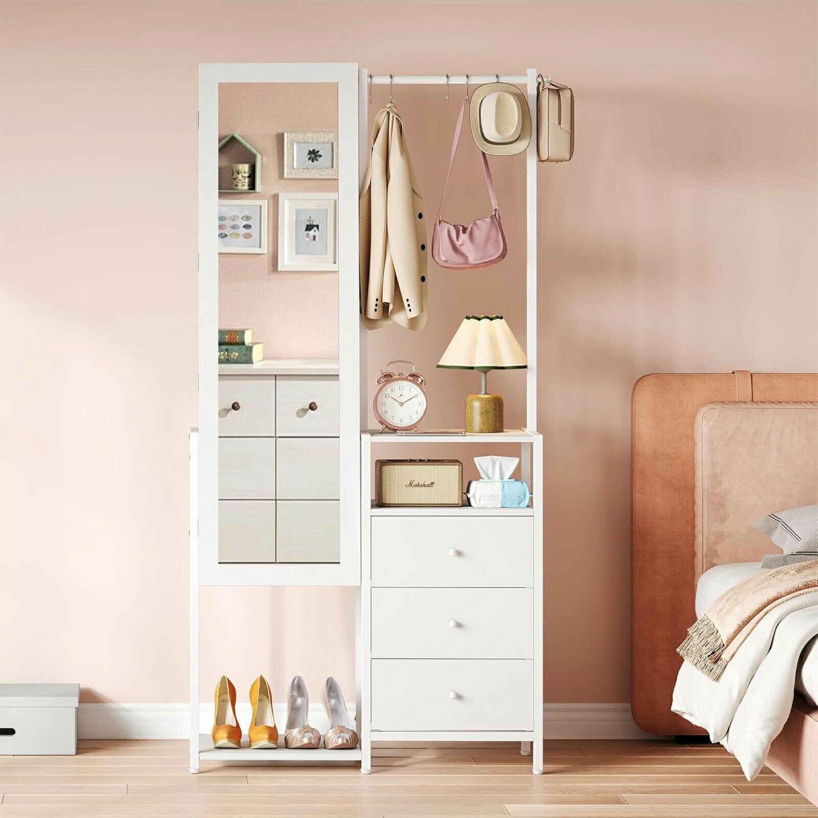 全身鏡ミラー 姿見 収納付き 鏡台 ラック 北欧風 収納棚 扉付き 収納ラック おしゃれ 全身ミラー スリム ホワイト アクセサリー 隙間 シンプル 幅80CM 高さ161CM