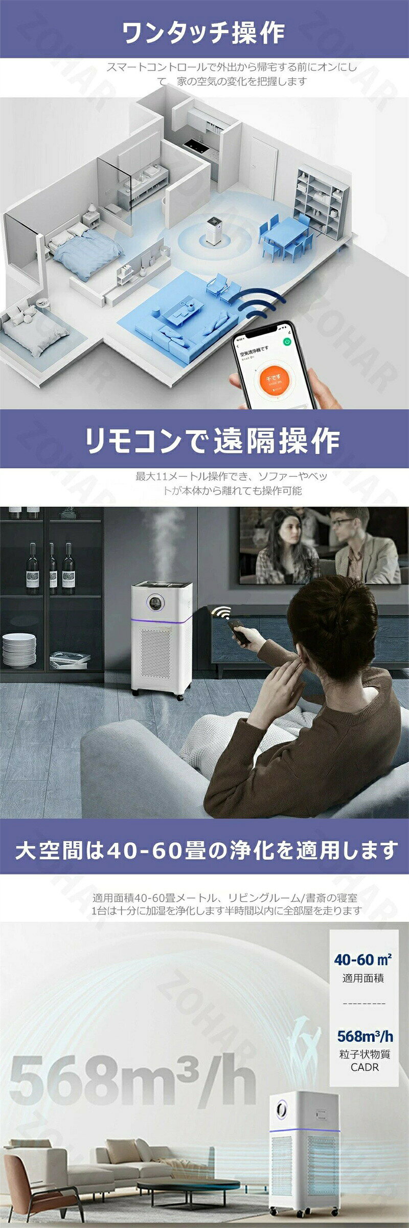 rotosu55の【三年保証】空気清浄機 加湿器 ペット ダニ対策 空気清浄機 循環気流 脱臭 ウイルス対策 黄砂 PM2.5 花粉対策 タバコ ペット ホコリ ニオイ 脱臭 PM2.5 菌 ウイルス 空気清浄 異臭 コンパクト 黄砂 ハウスダスト 60畳まで 寝室 スピード循環気流 父の日の贈り物 リビング｜アングル3