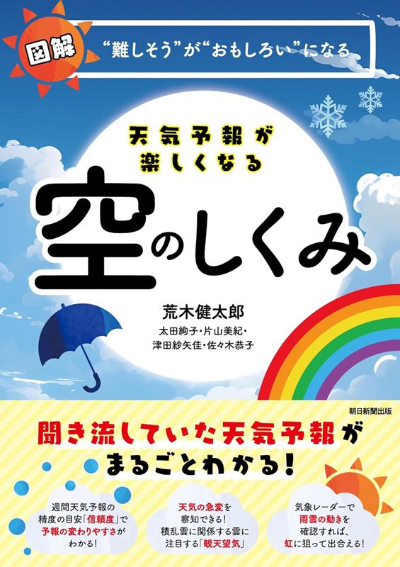天気予報が楽しくなる　空のしくみ 荒木 健太郎 著 ／ 太田 絢子 著 ／ 片山 美紀 著 ／ 津田 紗矢佳 著 ／ 佐々木 恭子 著 ISBN：9784023322196 定価：1485円（税込） 発売日：2024年5月20日 A5判並製　 128ページ　 ふだん何の気なしに見ている「天気予報」。この本を読めば、天気予報の仕組みや方法、天気についての知識が身につき、天気予報を今以上に楽しく見ることができます。自分で空を観察して次の天気を読むテクニックも本書で披露。　