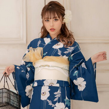 送料無料 【あす楽】【浴衣3点セット】青地xホワイト花模様浴衣セット 白/青/花柄/浴衣セット レディース【ROUGE | ルージュ】Y4052-20RP-3