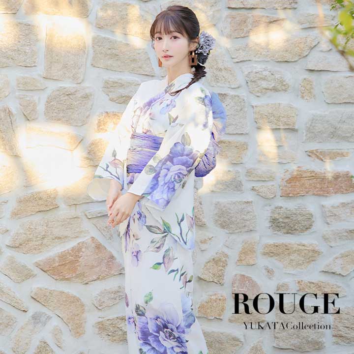 送料無料 即日発送 【浴衣3点セット (浴衣 帯 下駄) 】白地に水彩牡丹のクラシック花模様浴衣 ブルー ホワイト 花柄 [OBI-g-500-kj-9-NV/...