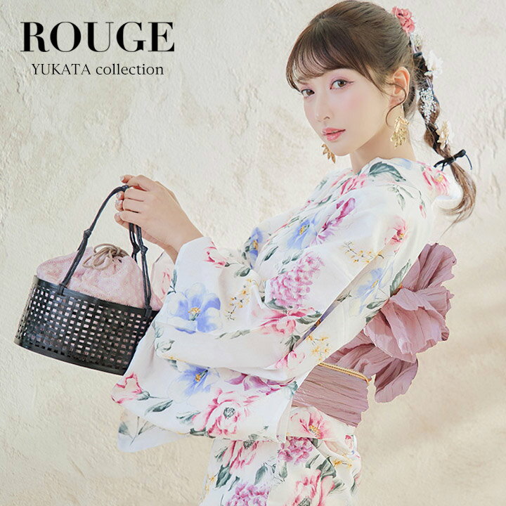 送料無料 【あす楽】【浴衣3点セット】白地にボタニカル牡丹浴衣 レディース ホワイト 花柄 [OBI-siwa-200-kj-8-P/GETA-02-ok-7-...