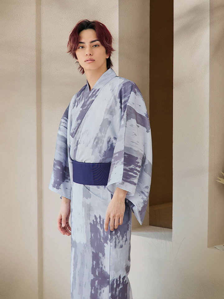送料無料 【あす楽】【浴衣3点セット】くすみブルーグレーモザイク柄浴衣 紳士浴衣 メンズ浴衣 紳士浴衣 [OBI-MS-002-wk-3-NV] 浴衣 夏 夏祭り 花火大会 和服 和装 着物【浴衣・帯・下駄セット】【ROUGE | ルージュ】MSY-9005-nz-dzh-GY-24BD