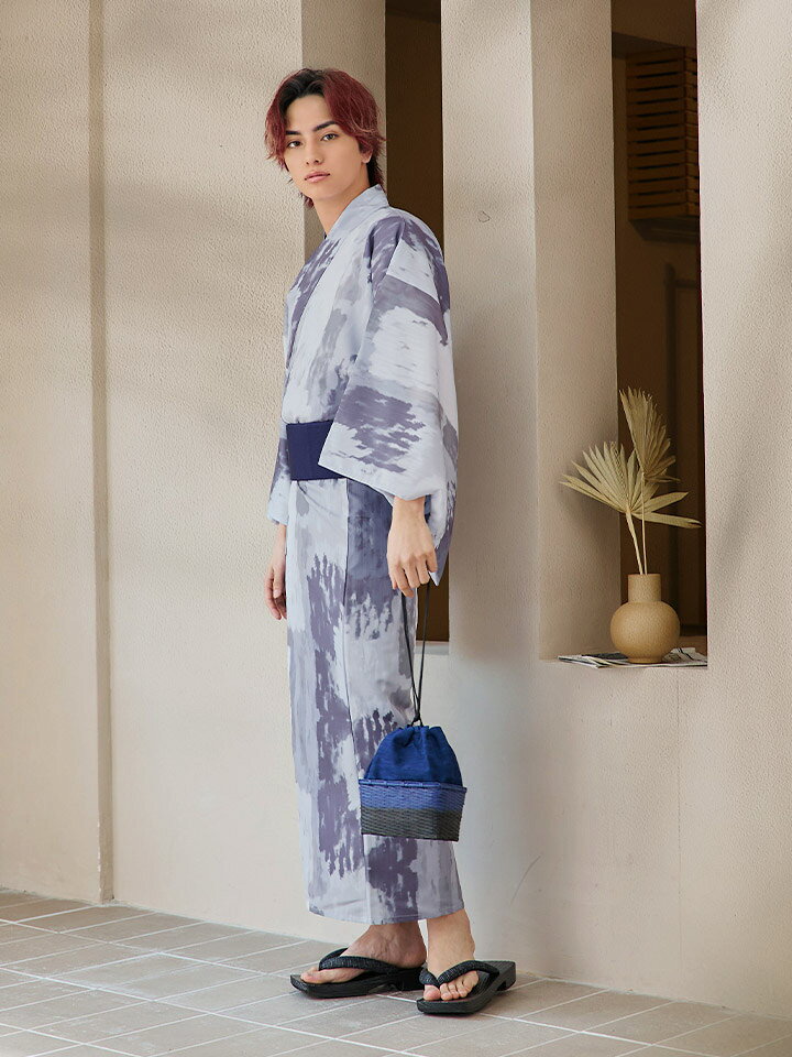 送料無料 【あす楽】【浴衣3点セット】くすみブルーグレーモザイク柄浴衣 紳士浴衣 メンズ浴衣 紳士浴衣 [OBI-MS-002-wk-3-NV] 浴衣 夏 夏祭り 花火大会 和服 和装 着物【浴衣・帯・下駄セット】【ROUGE | ルージュ】MSY-9005-nz-dzh-GY-24BD