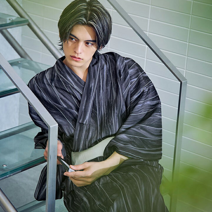 送料無料 【あす楽】 メンズ浴衣 男性 モザイクアート×ストライプ浴衣 【浴衣3点セット 浴衣/帯/下駄】[YMT] メンズ 浴衣 夏 夏祭り 花火大会 和服 和装 着物【ROUGE | ルージュ】MSY-9041-ok-NV-25GN