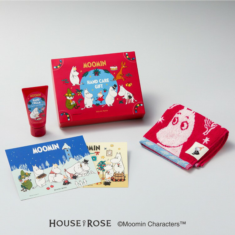 期間・数量限定発売HOUSE OF ROSE（ハウス オブ ローゼ）ムーミンハンドケアギフトAF〈アソートセット〉箱入り ハンドクリームとチーフタオルのセットです。アートカード(2枚入り) ちょっとしたプレゼントに最適です。プレゼント 贈り物【クリスマス】【歳暮 年賀】のサムネイル