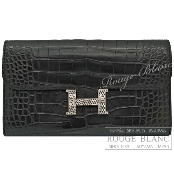 【エルメス/コンスタンスロング/HERMES】エルメス コンスタンスロングウォレット ブラック クロコダイル アリゲーターマット リザードナチュラ×シルバー金具...
