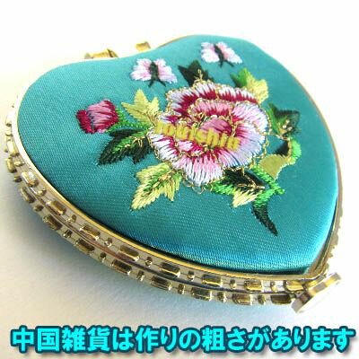 サテン お花 刺繍 コンパクト ミラー（ハート）【ネコポス便可】｜手鏡,グッズ,中国,中華街,アジアン,レトロ,雑貨,ノスタルジック,昭和..