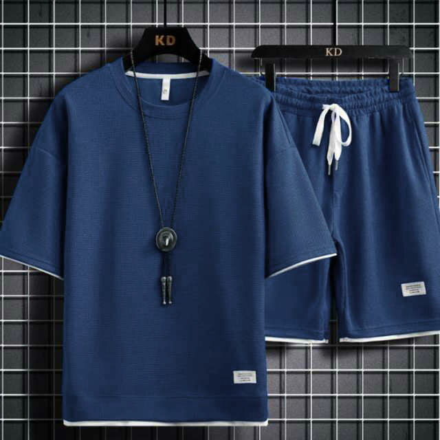 部屋着 上下セット メンズ シンプル ジャージ ジャージ ハーフパンツ セットアップ カジュアル スポーツウェア ルームウェア おしゃれ ランニング 夏服 フェイクレイヤード 重ね着風 スウェット 半ズボン クルーネック カットソー