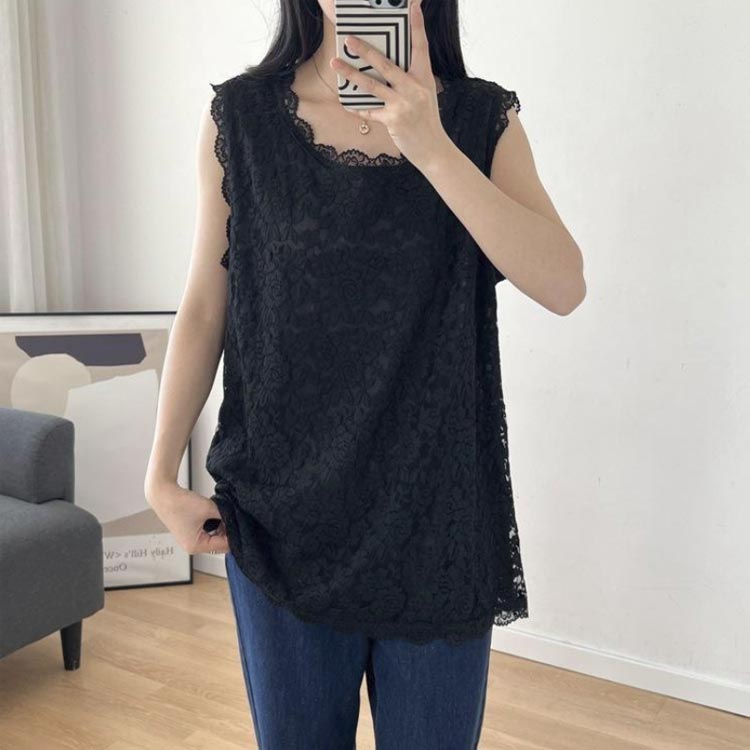 総レース タンクトップ レディース ノースリーブ トップス 裾レース きれいめ お尻が隠れる ロング丈 レイヤード 重ね着 可愛い 体型カバー Tシャツ かわいい インナー 肌着 エレガント きれいめ 大きいサイズ 無地 ブラック ホワイト 送料無料