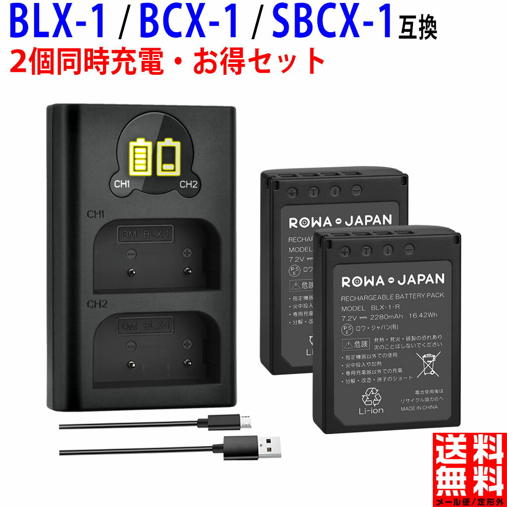 Olympus対応 BLX-1 互換 バッテリー 2個 と BCX-1 互換 USB 充電器 セット 電池ケース付き【ロワジャパンPSEマーク付】LCD搭載 2個同時充電 OMDS OM-1 対応