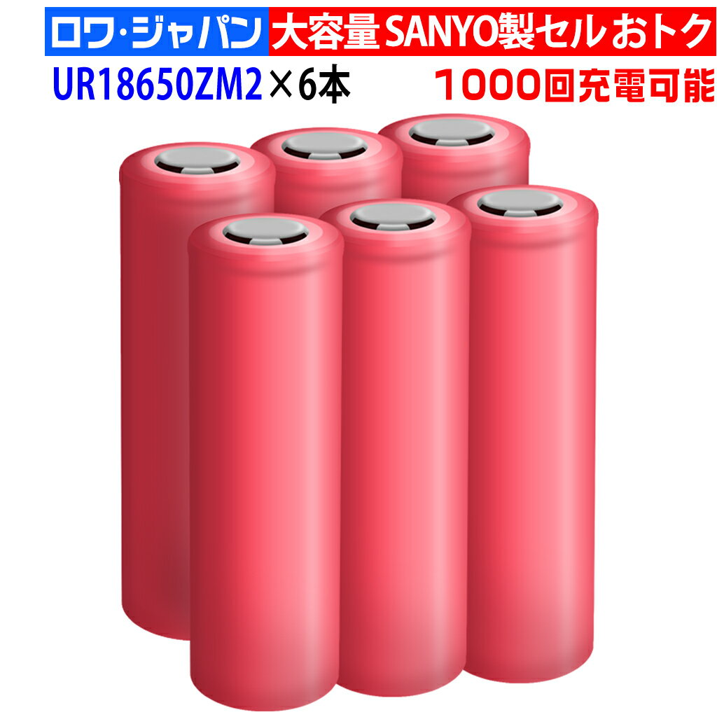 6本 SANYO製セル UR18650ZM2 リチウムイオン フラットトップ 円筒形 2550mAh 3.6V 1000回充電可能 長持ち