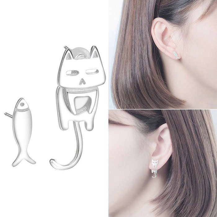 【送料無料】 ピアス 猫 魚 ネコ フィッシュ アニマル レディース 子猫 かわいい 流行 シルバー ギフト..