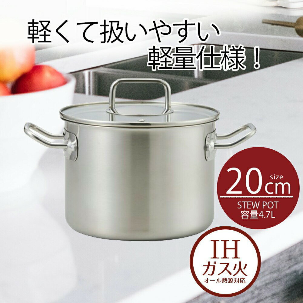 鍋 両手鍋 20 シチューポット 20cm ガラス蓋付 エコーズステンレス | 20センチ IH ガス火 オール熱源 直火 ih 両手なべ ふた フタ 湯沸し なべ 両手 ナベ 中が見える シンプル キッチン用品 新生活 ベストコ