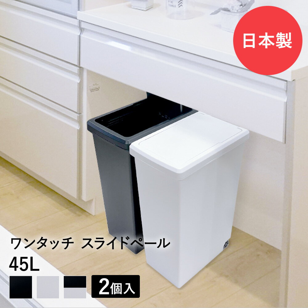 スライドペール 45L ゴミ箱 2個セット | ごみ箱 ダストボックス ゴミ入れ キャスター付き キッチンごみ箱 キッチン 45リットル 蓋つきゴミ箱 ふた付き 分別 トラッシュカン ごみばこ カウンター下 生ごみ 生
