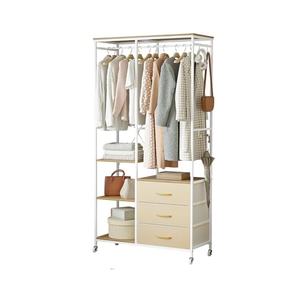 ハンガーラック 引き出し付き ワードローブ 衣装棚 押し入れ 棚付き 棚板可動式 収納付き 収納ラック 大容量 頑丈 wardrobe 全体耐荷重120kg(高...