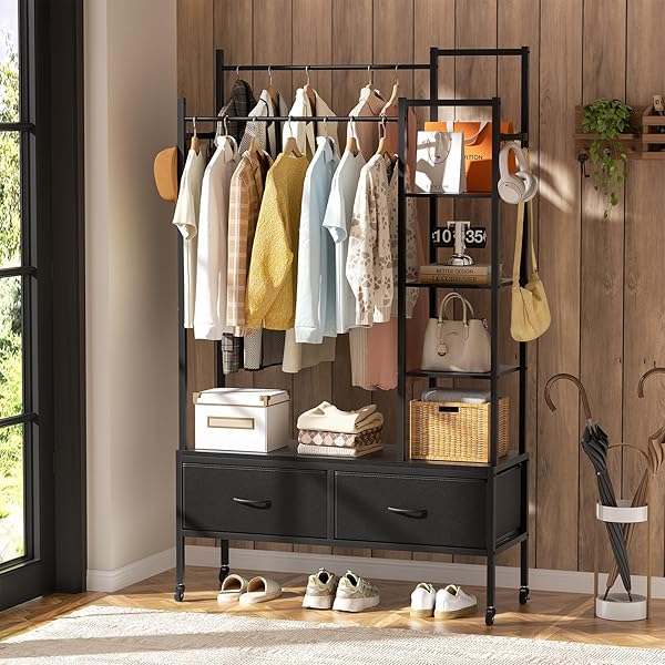 ハンガーラック スリム 頑丈 引き出し付き ワードローブ 収納付き 収納付き 2段 洋服ラック 衣装棚 コート掛け キャスター付き タンス付き 大容量 棚付き 洋服掛け 衣類収納 ハンガー ダブル ロッド 多機能 全体耐荷重115kg（高防水性皮革