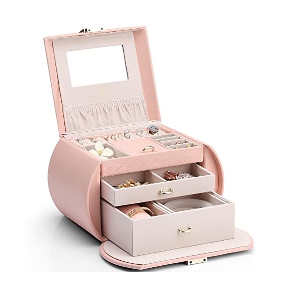 半円形ジュエリーボックス 中規模の宝石箱 プレゼントミラー 鏡付き ピアス ネックレス 指輪 リング アクセサリー 指輪置き ジュエリーバッグ(ピンク)