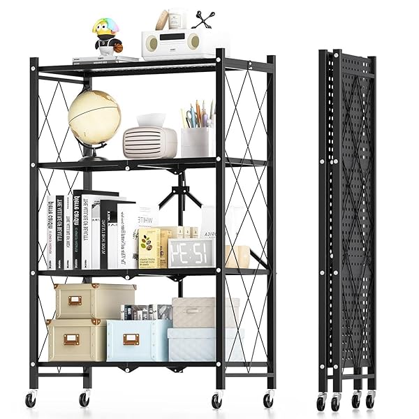 折りたたみラック 収納ラック スチールラック 棚 4段 幅71x奥行36x高さ125cm キャスター付きメタルラック 折り畳み棚 コンパクト 組立簡単 移動便利 防サビ加工(ブラック)