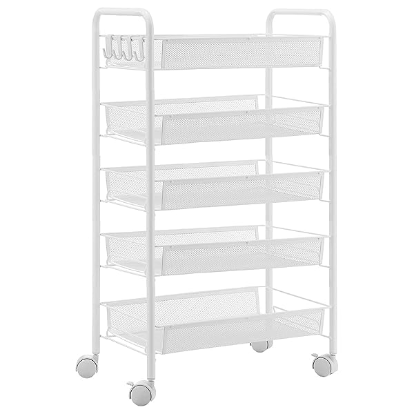 キッチンワゴン キャスター付き 5段 キッチンラック スチールラック 360°移動可 収納ラック 隙間収納 小物収納 キャスター付きワゴン メタルラック 組み立て簡単 収納カート バスケットラック メッシュタイプ 収納棚