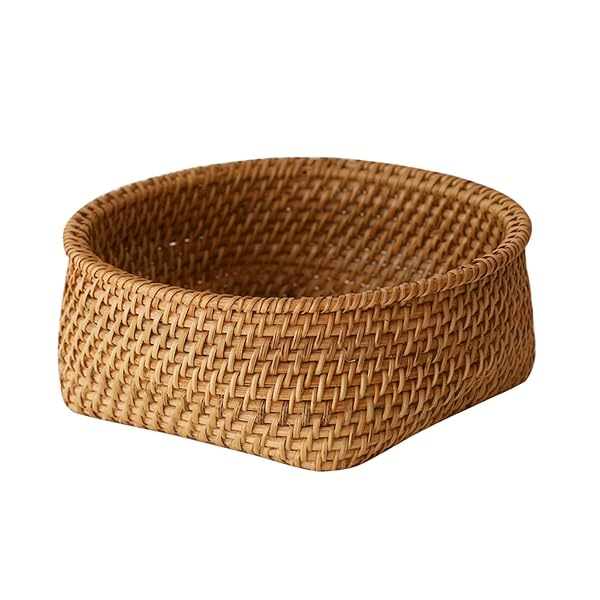 藤編みかご バスケット ラタン フルーツトレー たまご入り テーブル整理 キッチン収納 お盆 家庭用 可愛い 丸型 和風[L=28×10cm]