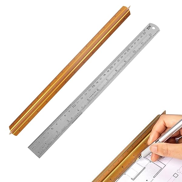 三角スケール 30cm アルミ合金 縮尺定規 縮尺目盛 ステンレス直定規 300mm 定規 製図用品 建築士用 建築図面 屋外用 製図スケール 現場仕事用 高精度 目盛り読みやすい