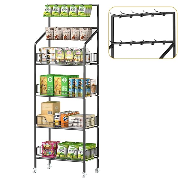 スーパーマーケットの陳列棚 商品ラック スーパーの棚 フック10個 4層 耐荷重200kgドリンク 小さな食べ物/おもちゃ 収納ラック 壁に向かって 薬局用 台所 コンビニ ヘビーデューティ ホイールとフック10個付き 多機能 鉄骨 (4 Layer