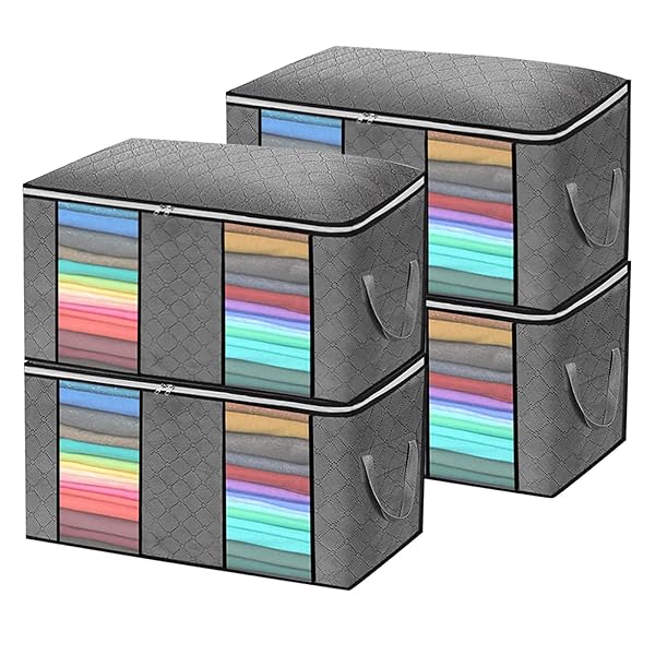 【90L 大容量 4 個組】透明双視窗 衣類・布団収納ケース 通気性不織布 大開口上部ファスナー 持ち手付き 押し入れ・寝室・床底収納用 グレー（60×40×35cm）