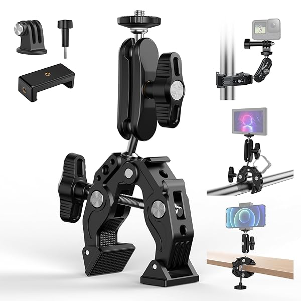 スーパークランプ 360°回転 カメラマウント 取り外し可能なマジックアーム 自転車・バイク・オートバイクリップマウント カメラグリッパー GoPro用アクセサリー 1/4”ネジ穴 コールドシューマウント 携帯電話ホルダー付き モニターサポート 液晶