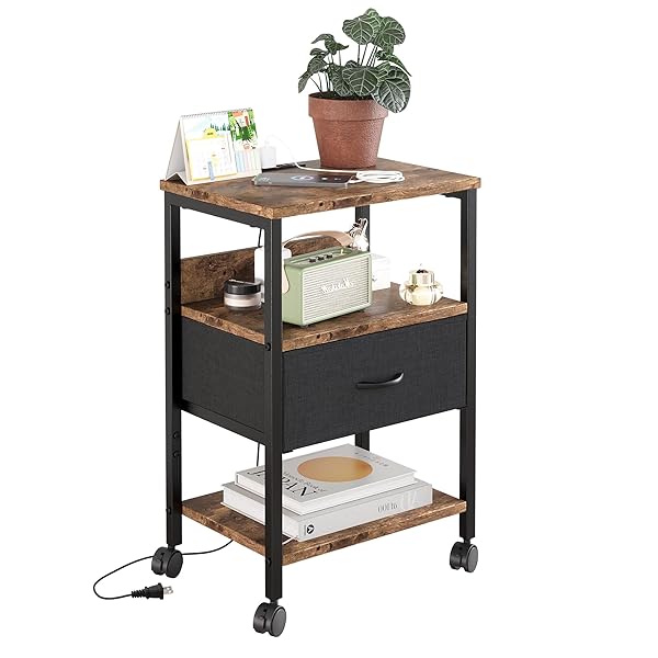 サイドテーブル キャスター付き ナイトテーブル 引き出し付きのベッドサイド テーブル コンセント付き ..