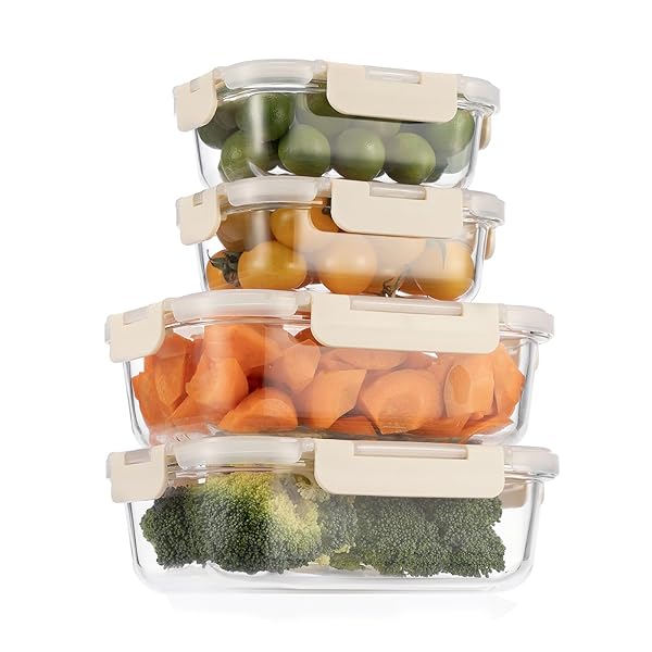 耐熱ガラス 保存容器 4個セット 密閉タッパー 電子レンジ オーブン 食洗機OK 作り置き ご飯冷凍 長方形 ベージュ