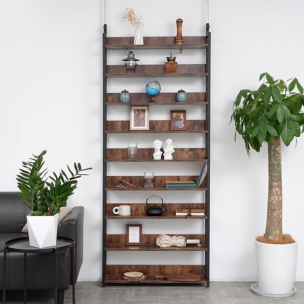 本棚 突っ張り式 スリム 幅80×奥行17×高さ210.5-275cm コミックラック 薄型 突っ張り 本棚 大容量 突っ張りラック オープンシェルフ 収納棚 CD棚 壁面収納 9段 安定 おしゃれ 木製 スチール製フレーム 組立品 (ブラウン, 幅