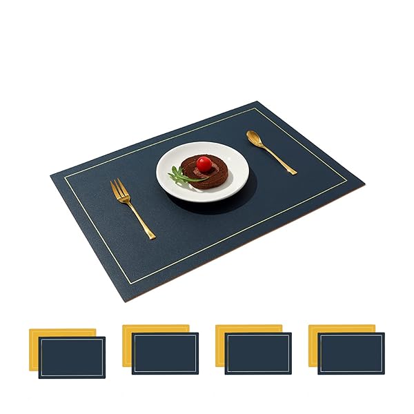 ランチョンマット キッチンマット おしゃれ 無地 PUレーザ 北欧 両面 方型 防水 滑り止め 汚れ防止 断熱 保護 お手入れ簡単 拭き取り可能 調理台 食卓 4枚セット「45*30cm」(イエロー×ブルー)