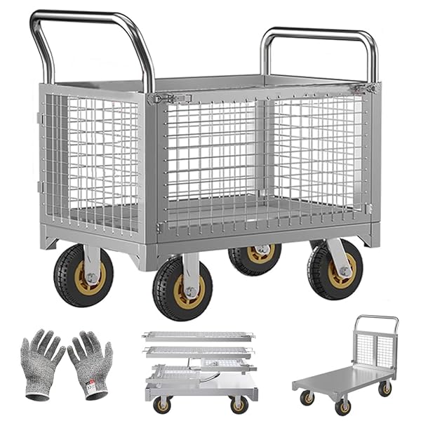 【送料無料】工場運搬用カゴ台車 倉庫収納用ワゴン 屋台用ワゴンカート メッシュカゴ付き 折りたたみ  ...