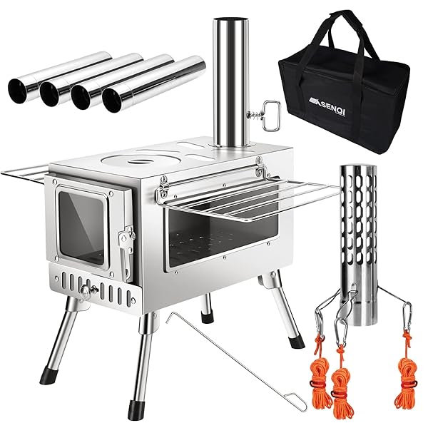 【送料無料】薪ストーブ 折りたたみ キャンプ 耐熱ガラス・煙突・スパークアレスター・グリッド棚付き コンパクト アウトドア ウッドストーブ テント用 焚き火台 BBQ 調理 暖炉 冬 収納袋付き