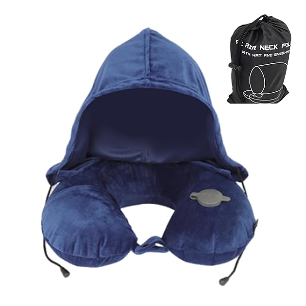【送料無料】ネックピロー U型 フード付き ブルー コットン 首枕 携帯枕 エアーピロー ポンプ式膨らませる 収納ポーチ付き 洗えるカバー トラベル 旅行用 飛...