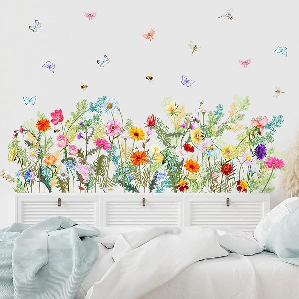 【送料無料】ウォールステッカー ピンク 花 と蝶 自然風景 寝室 リビング インテリア装飾 春の庭園デザイン 春 緑 葉 植物 鳥 観葉植物 野菊の花 ポピー デイジー ラベンダー 壁紙シール はがせる おしゃれ シール式ステッカー diy wall