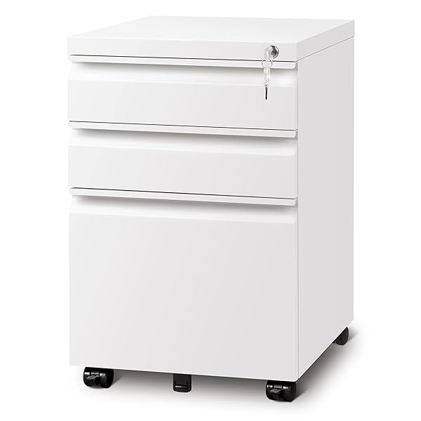 【送料無料】デスクワゴン サイドワゴン キャビネット オフィスワゴン 袖机 キャスター付き 鍵付き 3段オールロック 大容量 A4対応 幅390*奥行480*高さ600mm 丈夫なスチール製 サビ止め塗装 ホワイト