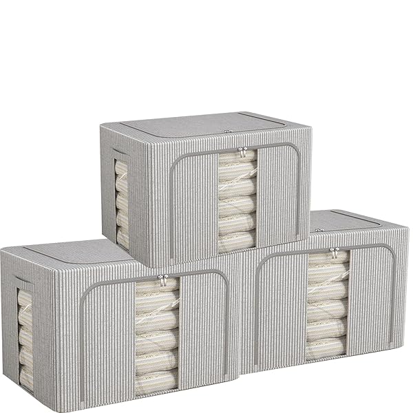 【送料無料】収納ボックス 収納ケース3点セット 66L大容量 衣類収納 折りたたみ 取っ手付き ふた付き おしゃれ 布製 衣装ケース 透明窓付き ファスナー (...