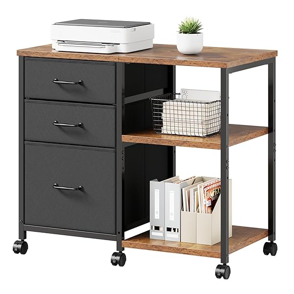 【送料無料】サイドキャビネット デスクワゴン 布製 袖机 層板付き サイドワゴン 3段 オフィスワゴン A4対応 プリンター台 大容量 キャスター付き デスク下収納 ビンテージ